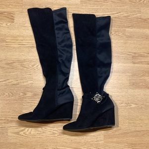 Bebe Hanan black thigh high wedge boots